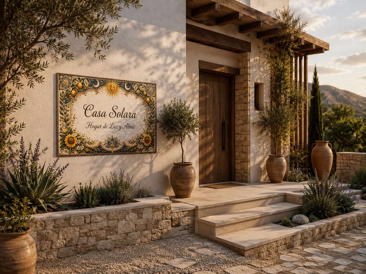 Placa «Casa Solara» con motivo de sol y girasoles, en la fachada de piedra de una casa rodeada de olivos.