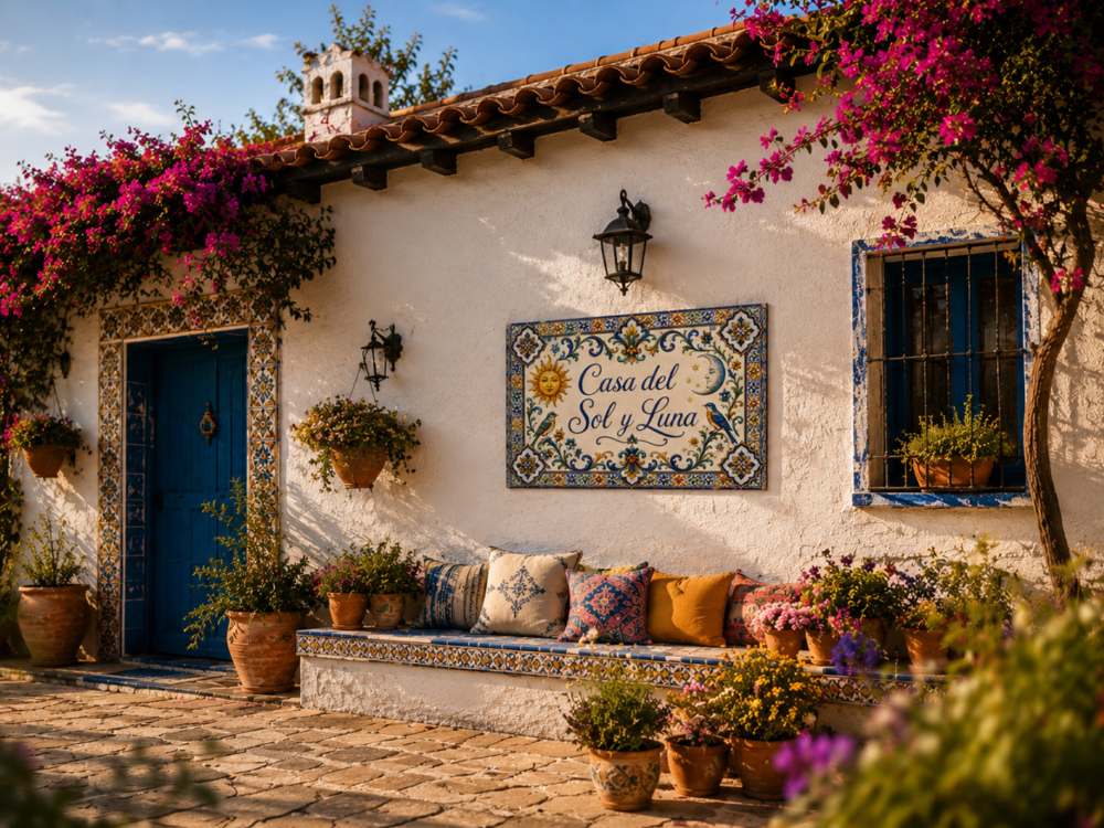 Placa «Casa del Sol y Luna» sobre una fachada encalada con tejado de teja, un banco de azulejos con cojines y buganvilla en flor.