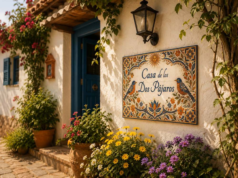 Placa «Casa de los Dos Pájaros» junto a una puerta azul y un farol de forja, entre margaritas amarillas y flores moradas.