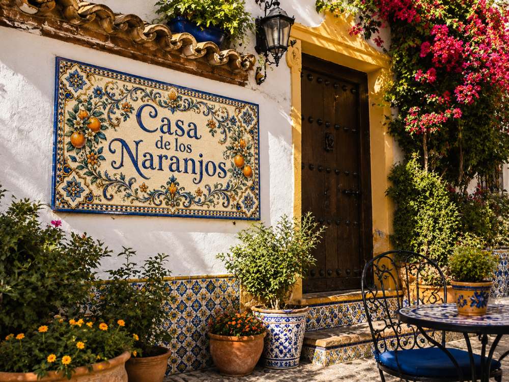 Placa «Casa de los Naranjos» en un patio encalado, con buganvilla, macetas de cerámica azul y una mesa de forja.