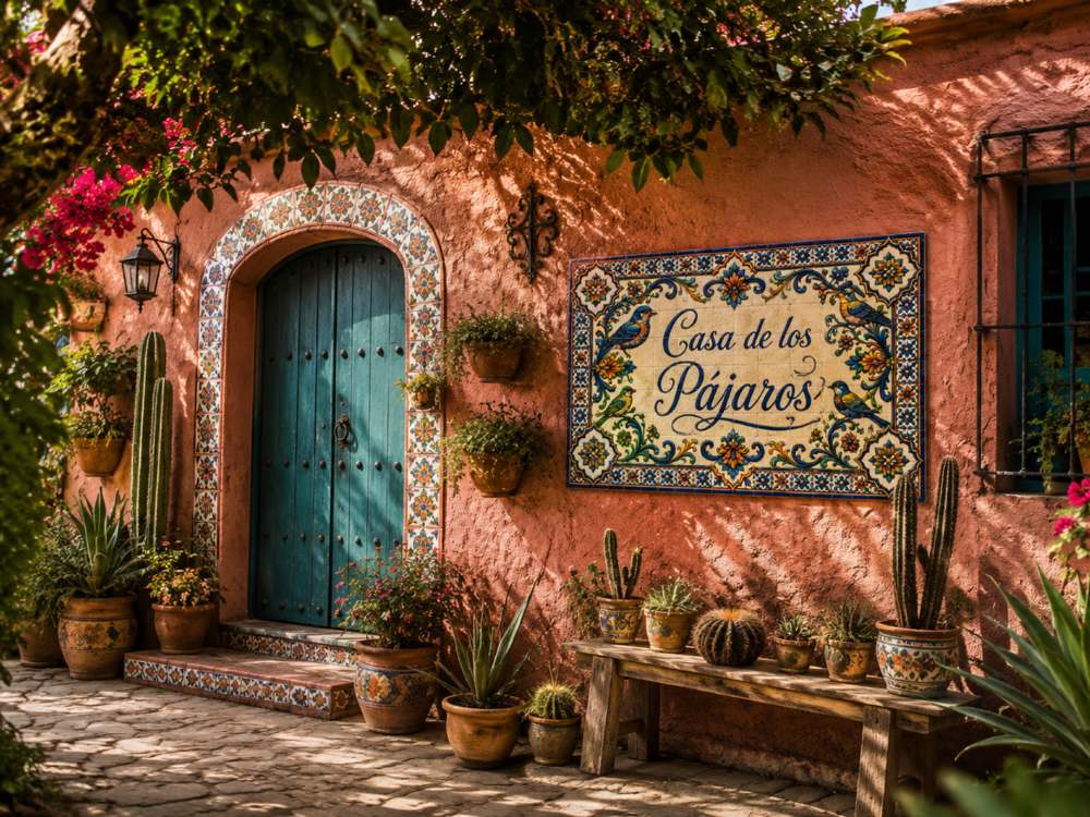 Placa «Casa de los Pájaros» sobre un muro de color terracota, junto a una puerta de arco azul turquesa rodeada de azulejos y cactus en macetas.