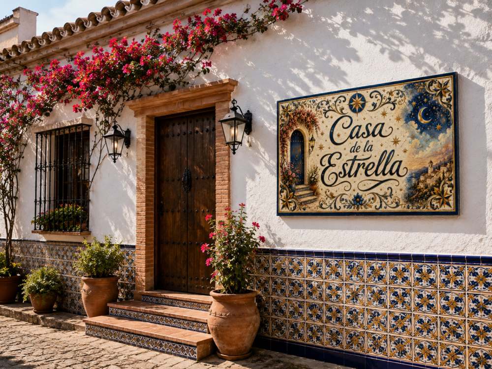 Placa de azulejo «Casa de la Estrella» sobre una pared encalada, junto a una puerta de madera y un zócalo de azulejos.