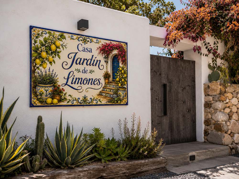Placa «Casa Jardín de Limones» en una pared blanca junto a un portón de madera, con pitas y buganvilla naranja.