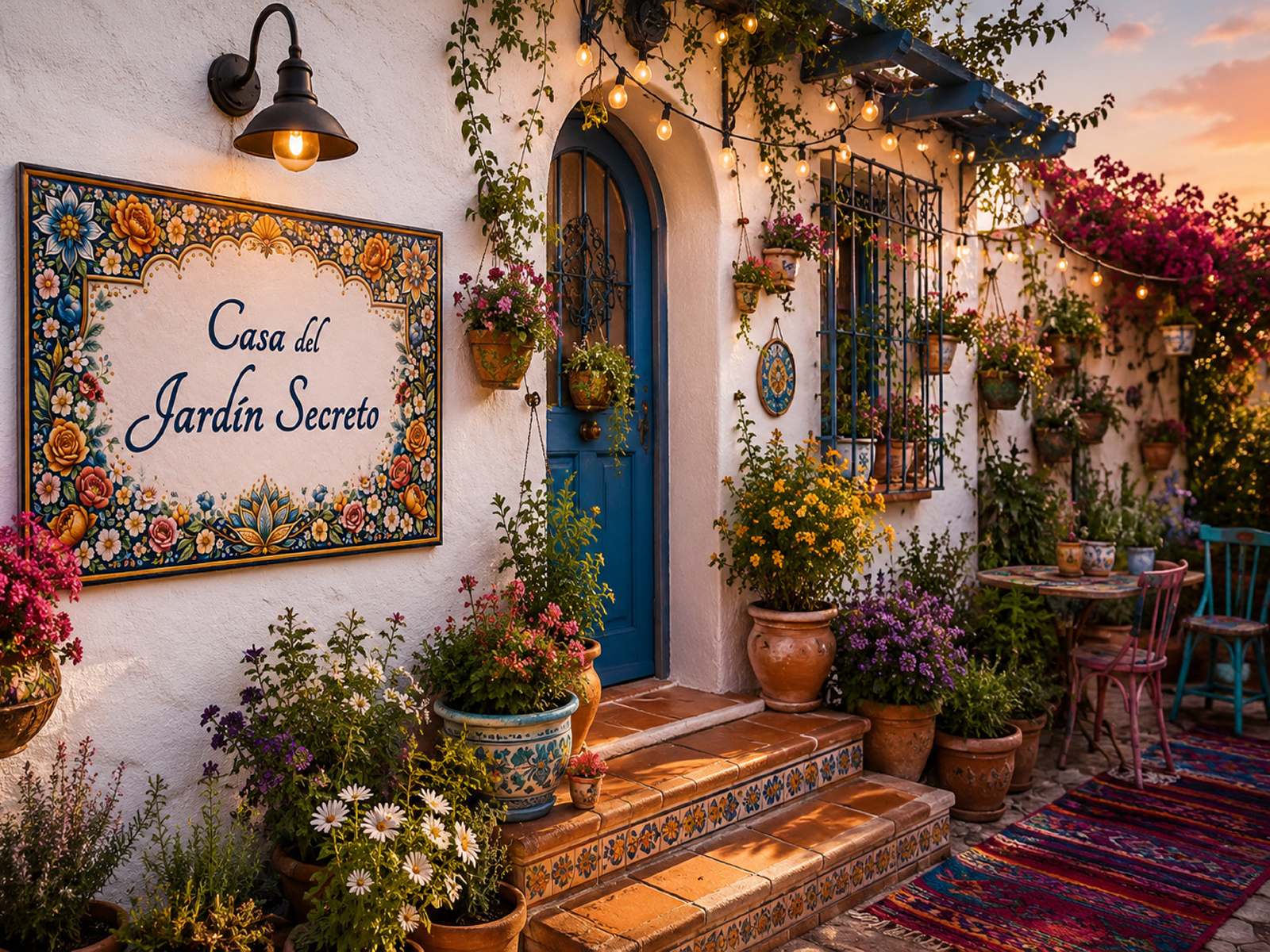 Placa de cerámica «Casa del Jardín Secreto» sobre una pared encalada, junto a una puerta azul con buganvilla y farolillos encendidos al atardecer