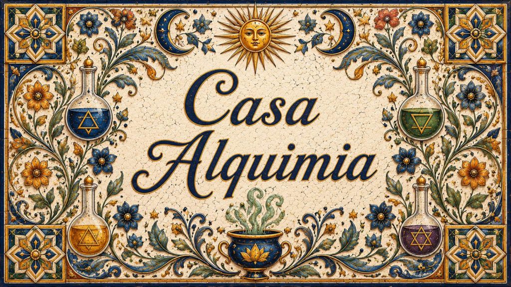 Placa artesanal «Casa Alquimia» pintada a mano sobre azulejo