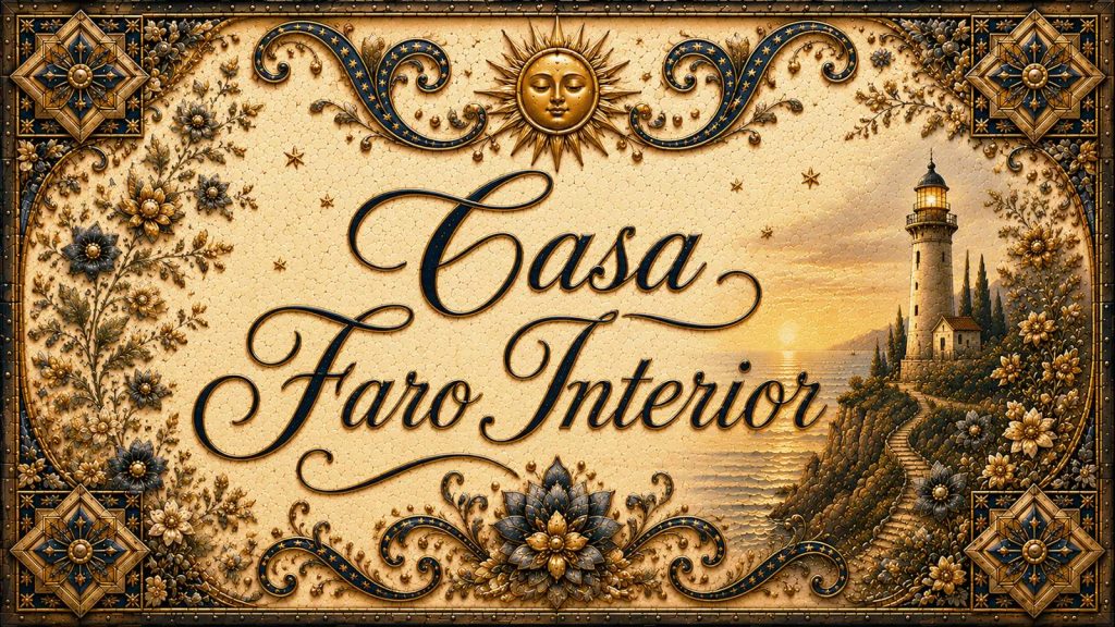 Placa artesanal «Casa Faro Interior» pintada a mano sobre azulejo