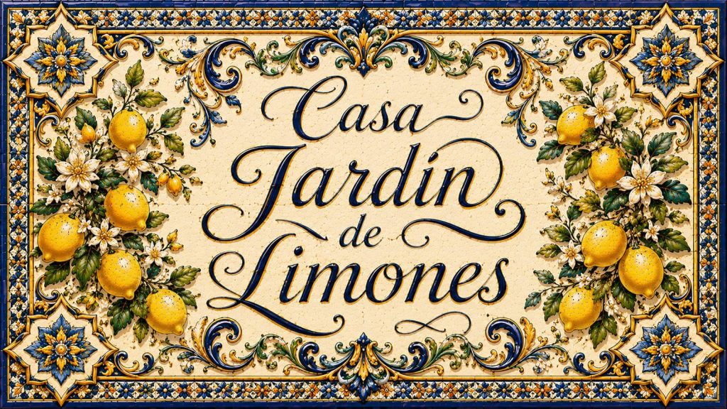Placa artesanal «Casa Jardín de Limones 2» pintada a mano sobre azulejo