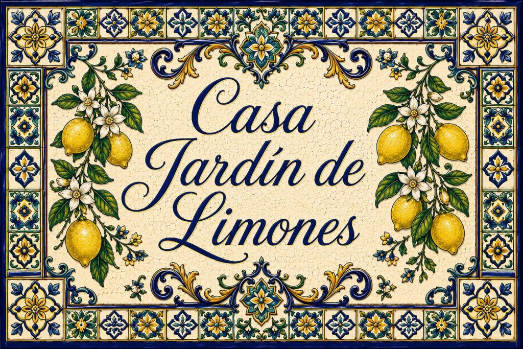 Placa artesanal «Casa Jardín de Limones» pintada a mano sobre azulejo