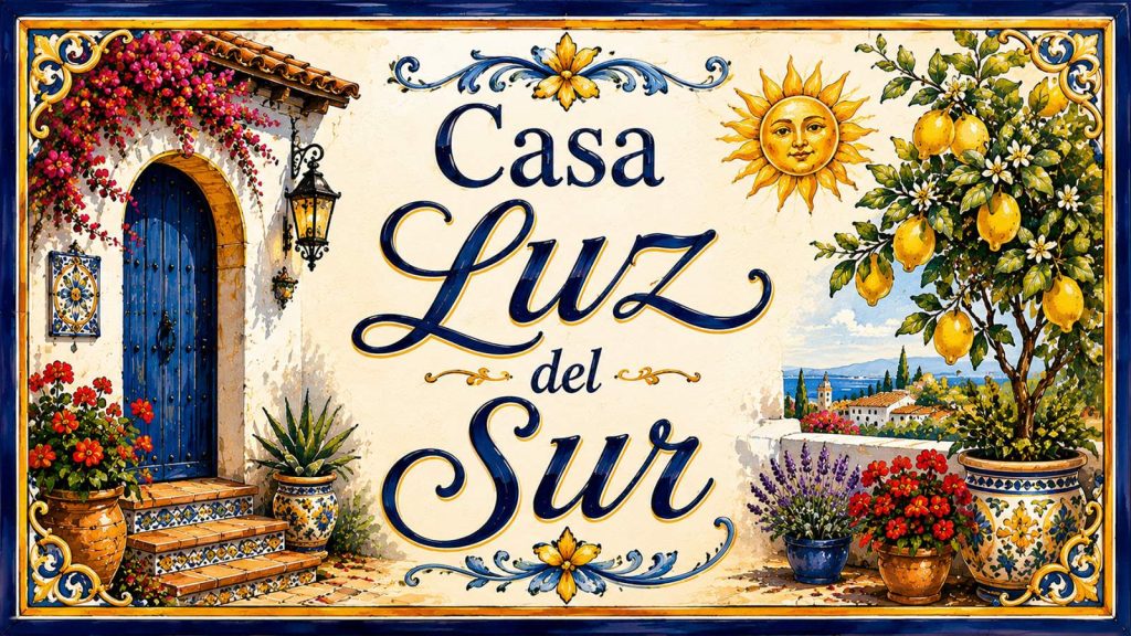 Placa artesanal «Casa Luz del Sur» pintada a mano sobre azulejo