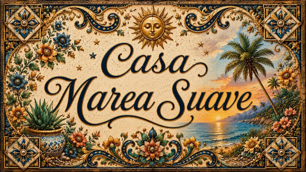 Placa artesanal «Casa Marea Suave» pintada a mano sobre azulejo