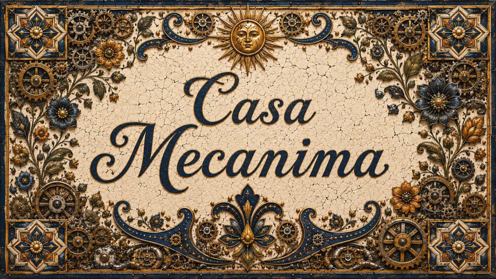 Placa artesanal «Casa Mecanima» pintada a mano sobre azulejo