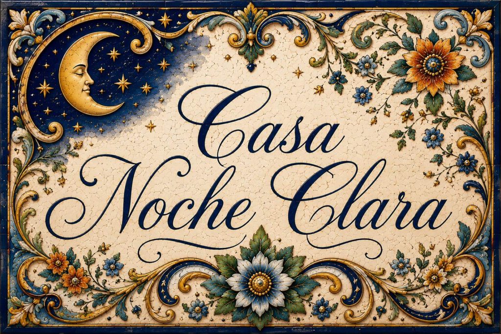 Placa artesanal «Casa Noche Clara» pintada a mano sobre azulejo