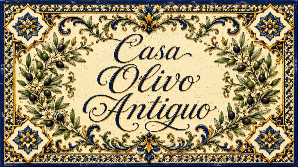 Placa artesanal «Casa Olivo Antiguo» pintada a mano sobre azulejo