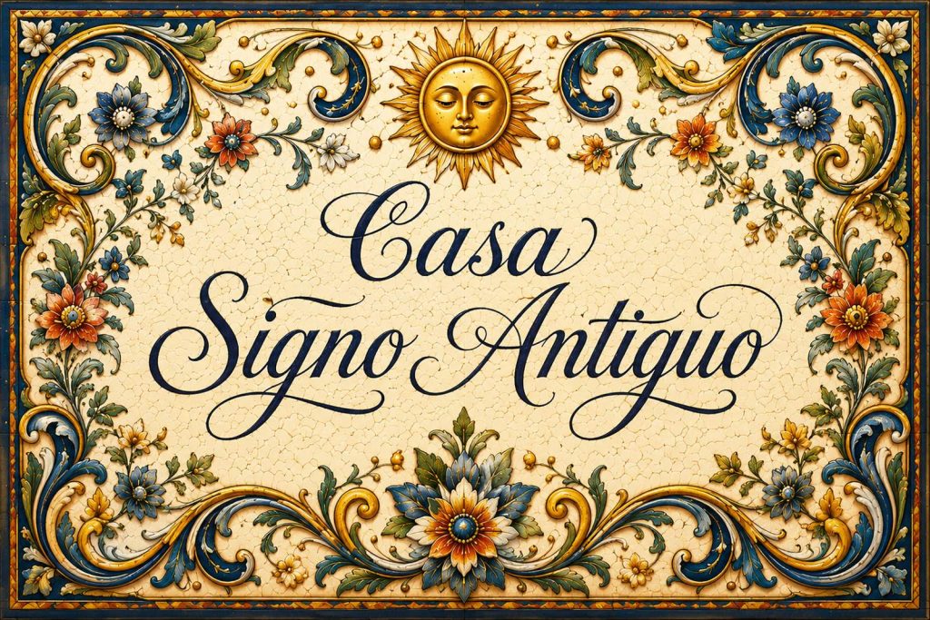 Placa artesanal «Casa Signo Antiguo» pintada a mano sobre azulejo