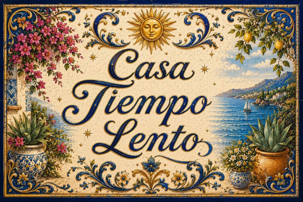 Placa artesanal «Casa Tiempo Lento» pintada a mano sobre azulejo