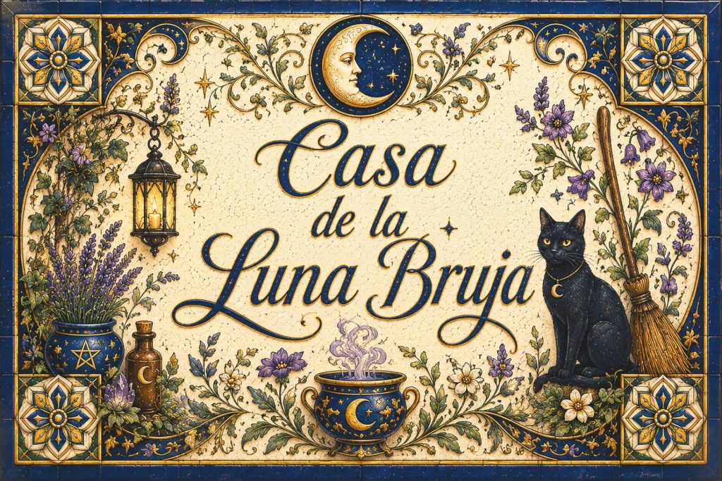 Placa artesanal «Casa de la Luna Bruja» pintada a mano sobre azulejo