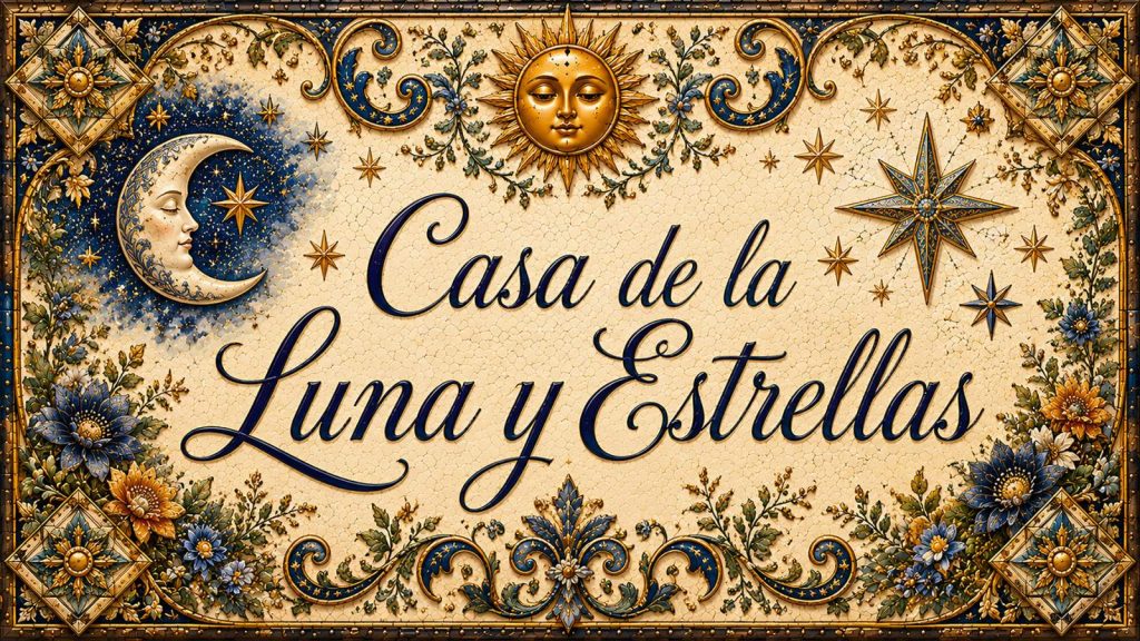 Placa artesanal «Casa de la Luna y Estrellas» pintada a mano sobre azulejo