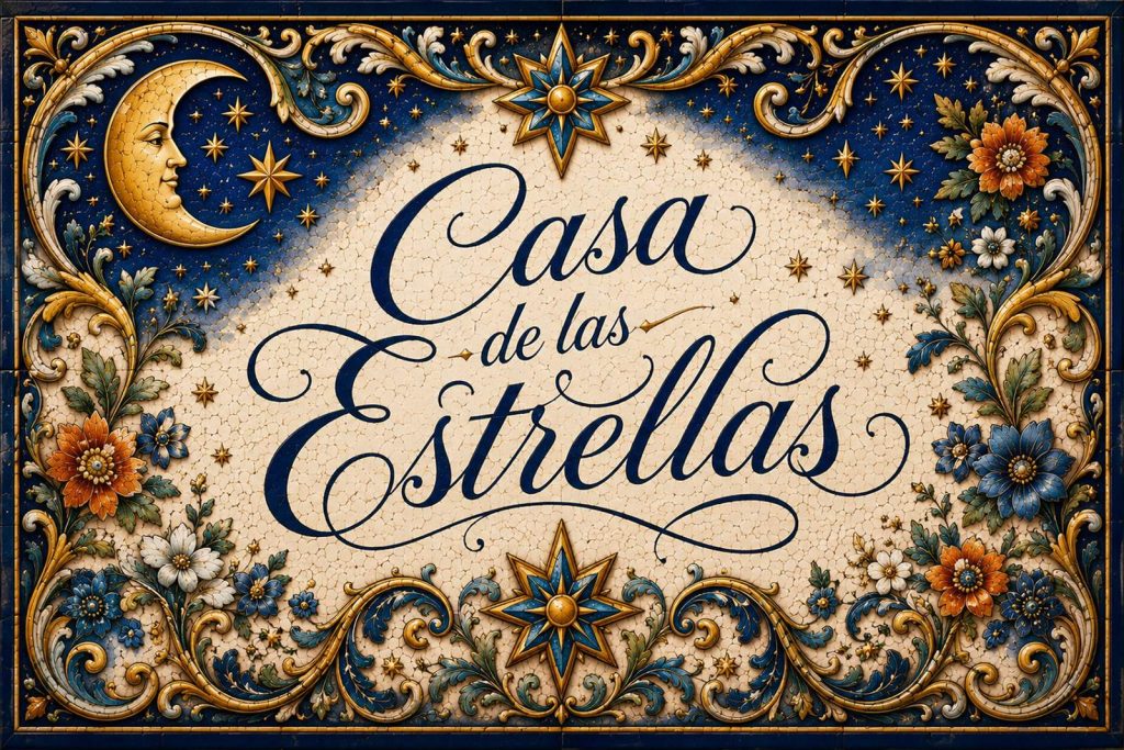 Placa artesanal «Casa de las Estellas» pintada a mano sobre azulejo