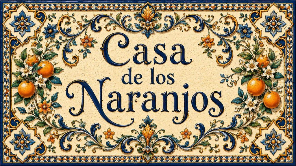 Placa artesanal «Casa de los Naranjos 2» pintada a mano sobre azulejo