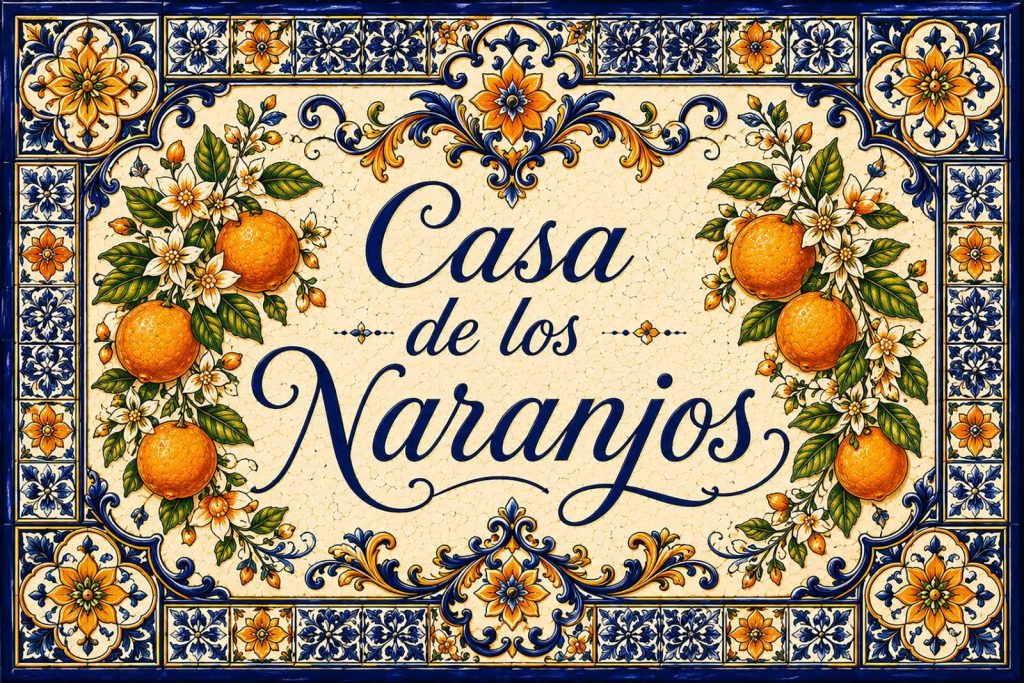 Placa artesanal «Casa de los Naranjos» pintada a mano sobre azulejo