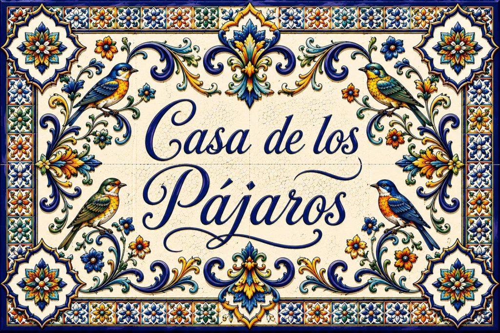 Placa artesanal «Casa de los Pájaros» pintada a mano sobre azulejo