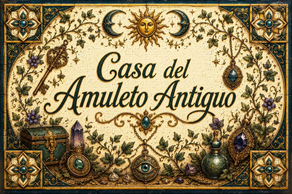 Placa artesanal «Casa del Amuleto Antiguo» pintada a mano sobre azulejo