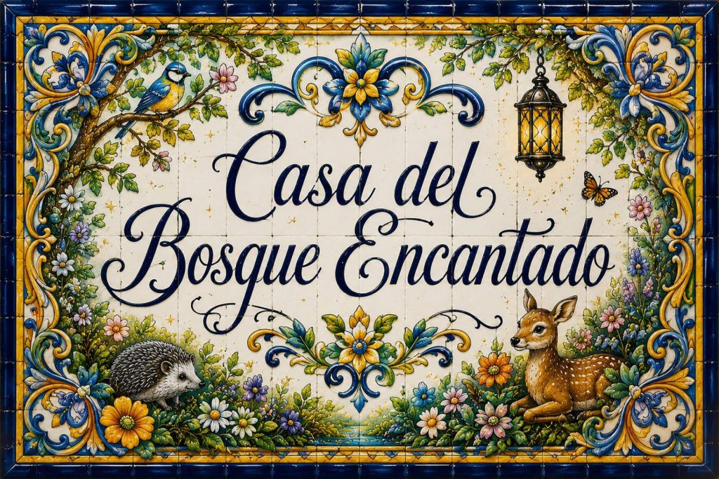 Placa artesanal «Casa del Bosque Encantado» pintada a mano sobre azulejo