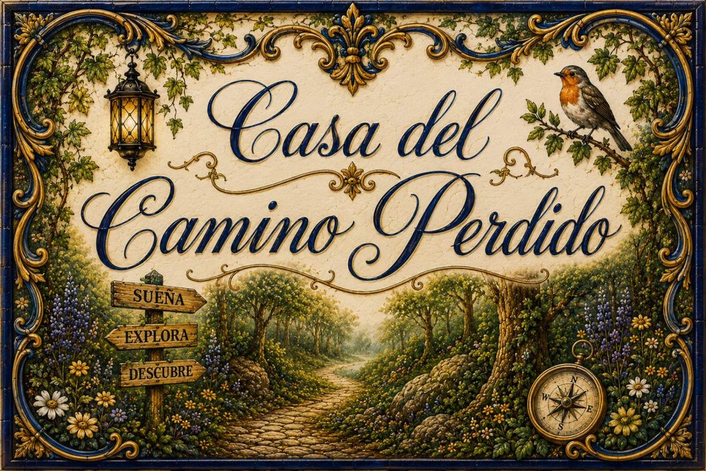 Placa artesanal «Casa del Camino Perdido» pintada a mano sobre azulejo