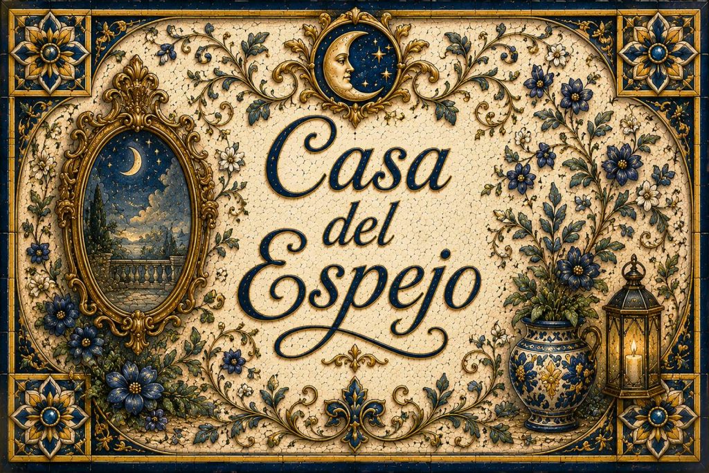 Placa artesanal «Casa del Espejo» pintada a mano sobre azulejo