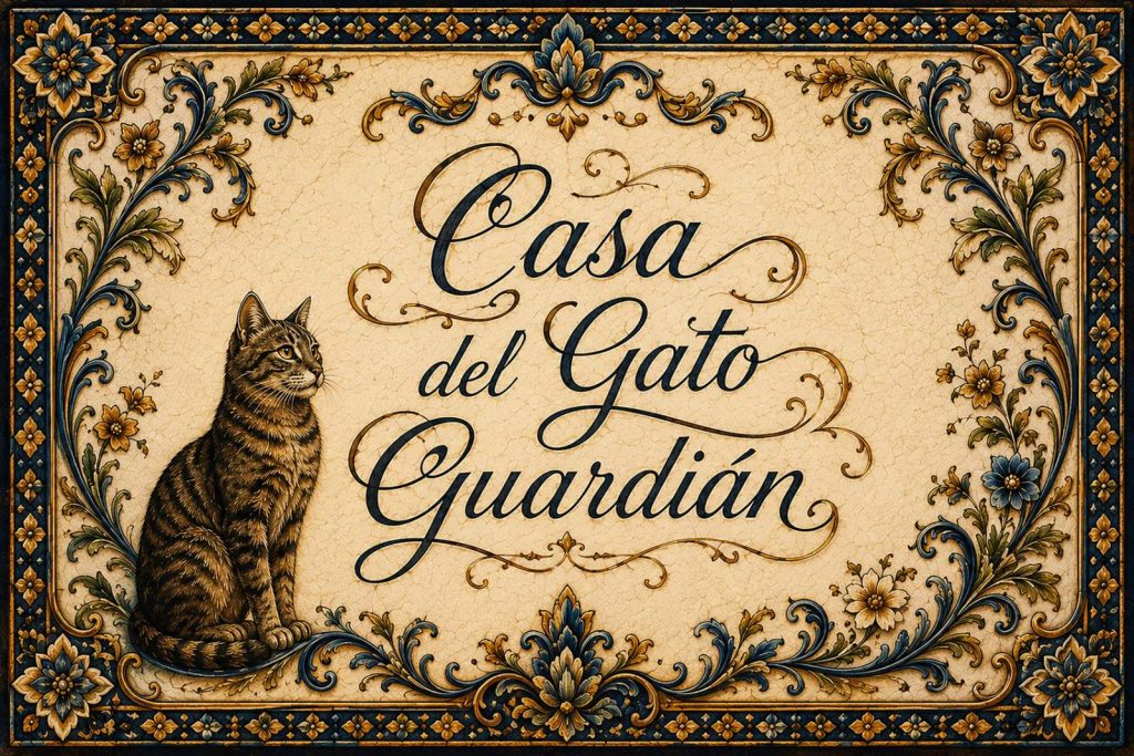 Placa artesanal «Casa del Gato Guardián» pintada a mano sobre azulejo