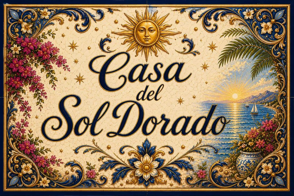 Placa artesanal «Casa del Sol Dorado» pintada a mano sobre azulejo
