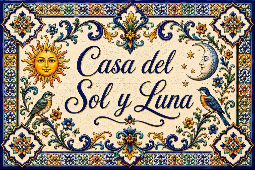 Placa artesanal «Casa del Sol y Luna» pintada a mano sobre azulejo