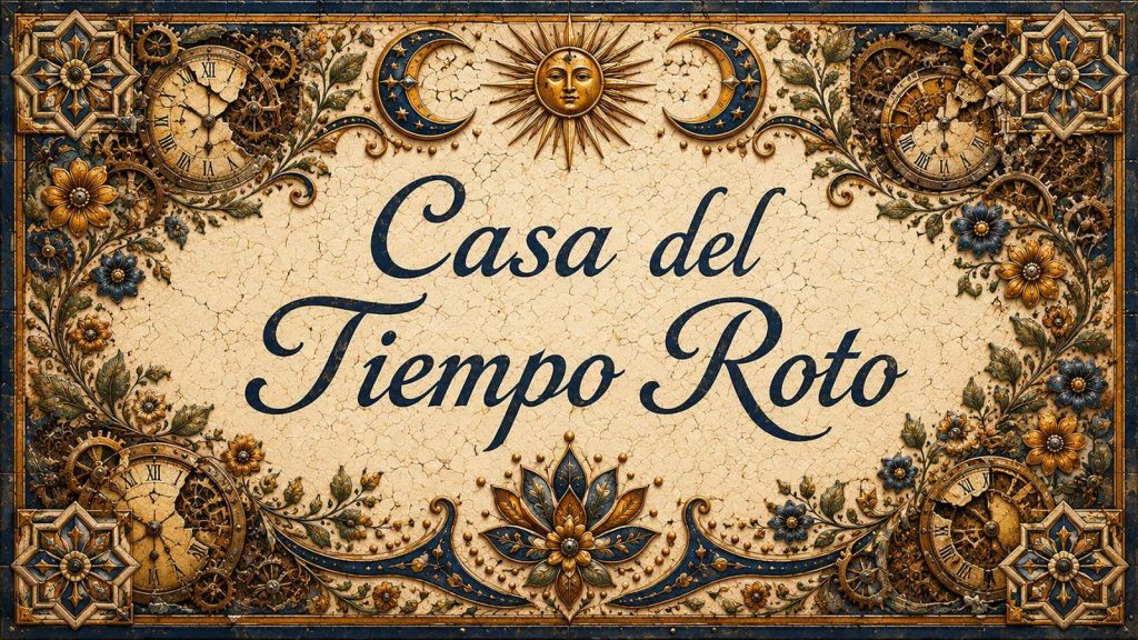 Placa artesanal «Casa del Tiempo Roto» pintada a mano sobre azulejo